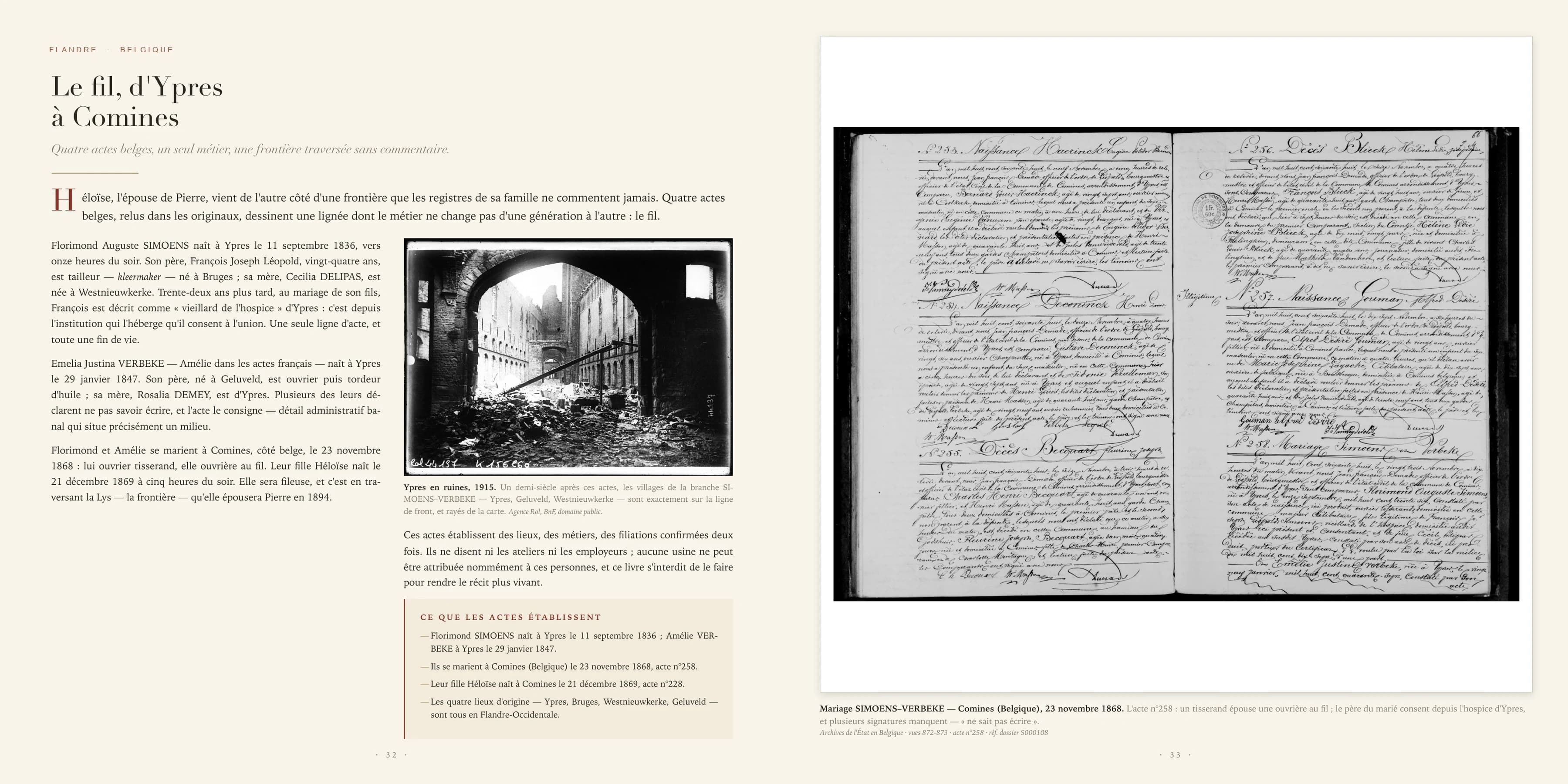 Two-page spread on Héloïse and a textile lineage between Ypres and Comines with the original civil act